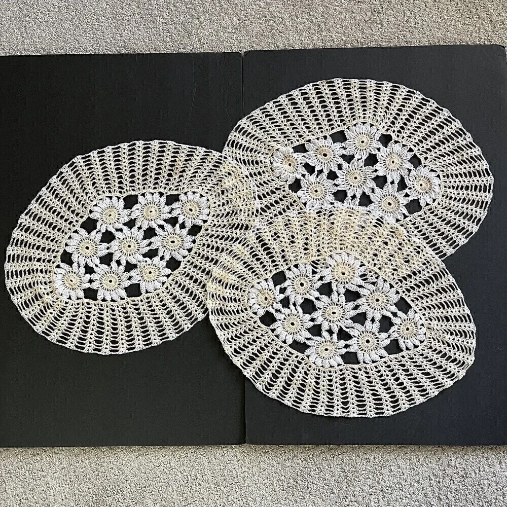 Hand Crocheted Oval Lace Peach Doilies Centerpiece Doily Floral Vintage Lot of 3